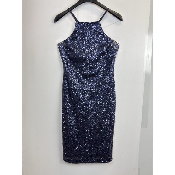 Vintage Y2K Women's Sequin‎ Halter Dress Size M/8 Navy Blue Midi Under The Knee - Picture 4 of 10